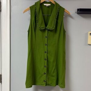 Monteau Olive Green Sleeveless Ruffle Collar Button-Down Mini Dress Sz L
